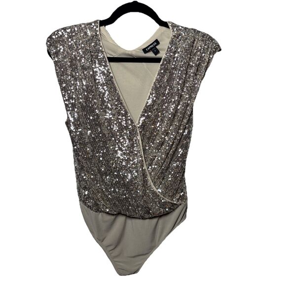 Express Womens Small  Silver Sequin Sparkly Stretchy Bodysuit Y2K Glam party - Picture 1 of 7